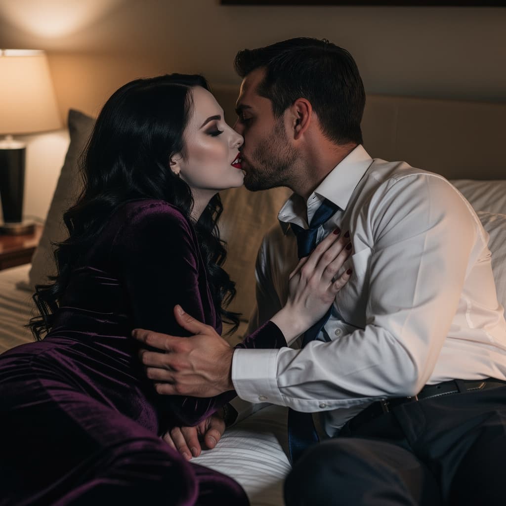 AI generated: Real life Image DESCRIPTION:Make the married couple kiss while lying on the bed in an intimate, Roma...