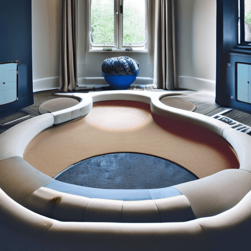 AI generated: High resolution photography interior design, dreamy sunken living room conversation pit, wooden floo...