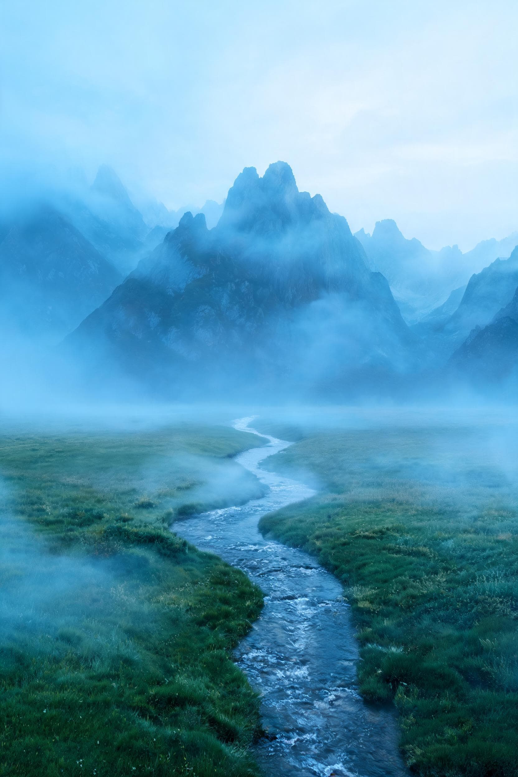 AI generated: a landscape showing powerful mountains in the far back, in front in an open field with a stream of w...