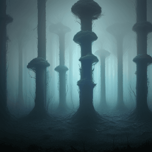 AI generated: A post-apocalyptic forest of towering radiotrophic fungi emitting a faint blue light. The environmen...