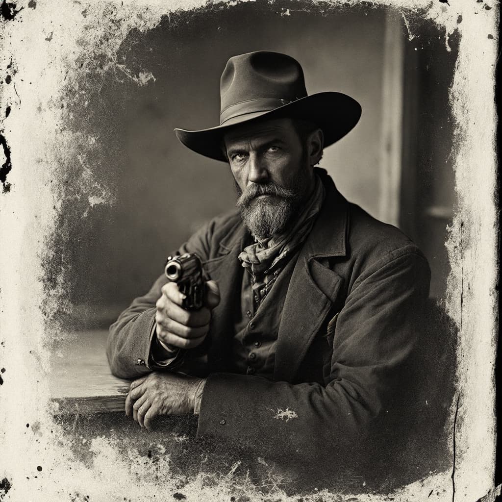 AI generated: western gunfighter, cowboy, saloon background, 1880's, hands render, tintype --ar 9:16 --v 4