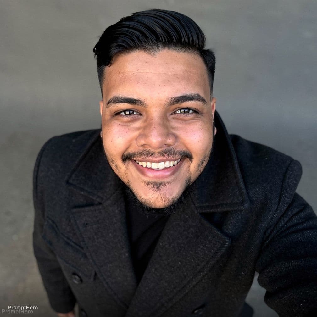 AI generated: headshot of a man, aerial view profile picture, handsome Indian man with black hair and short beard ...