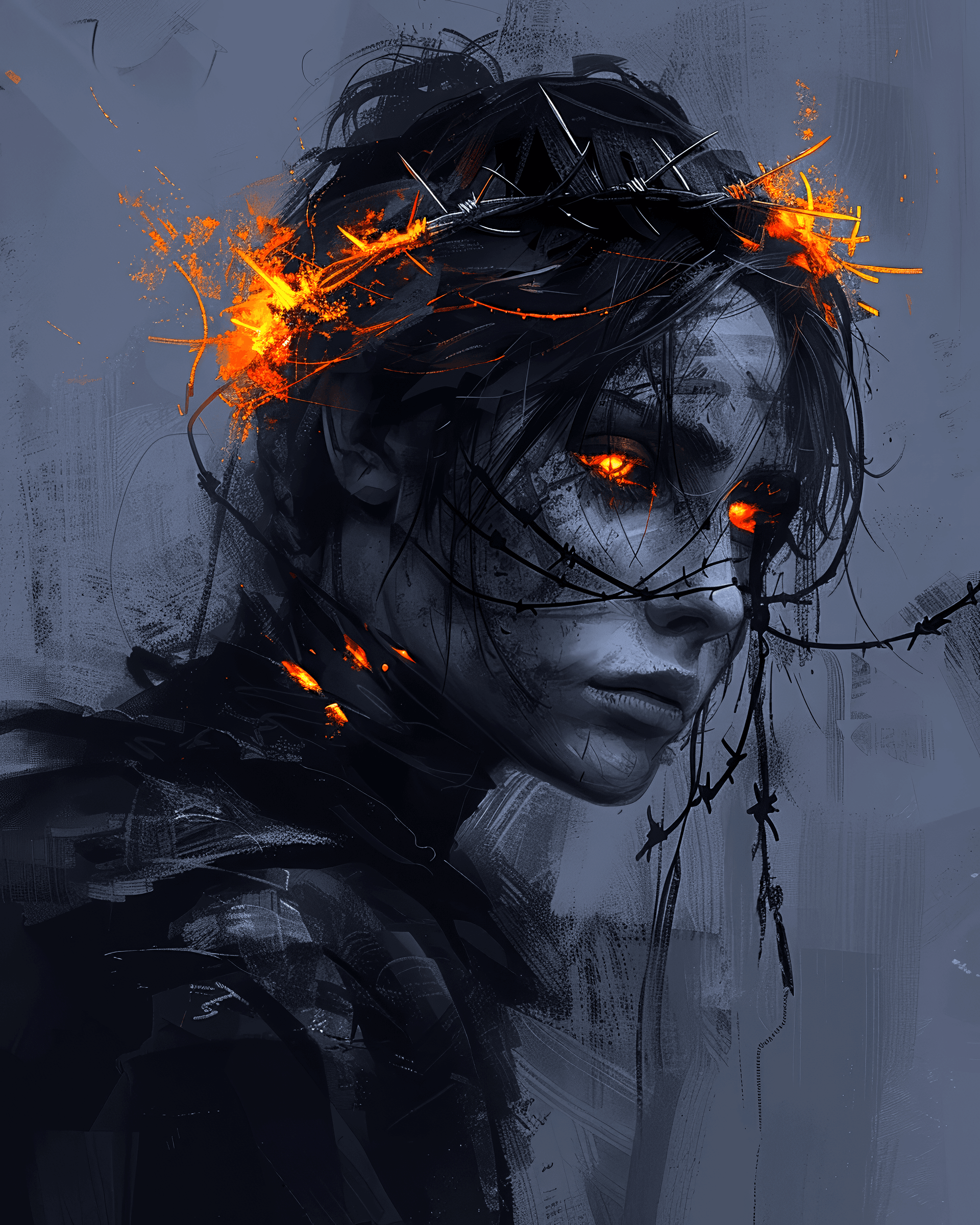 AI generated: n image of a female with crown of barbed wire and a glow orange, in the style of speedpainting, dark...