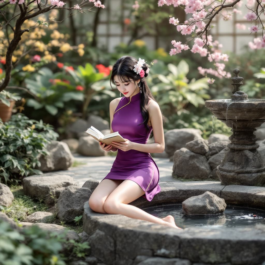 AI generated: full body view a dark haired korean girl dressed in an asian style, very short purple Cheongsam, lon...