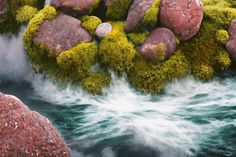 AI generated: complex 3d render ultra detailed, 8k, torquise sea dazzling foamy blue silk waves, a mossy intricate...