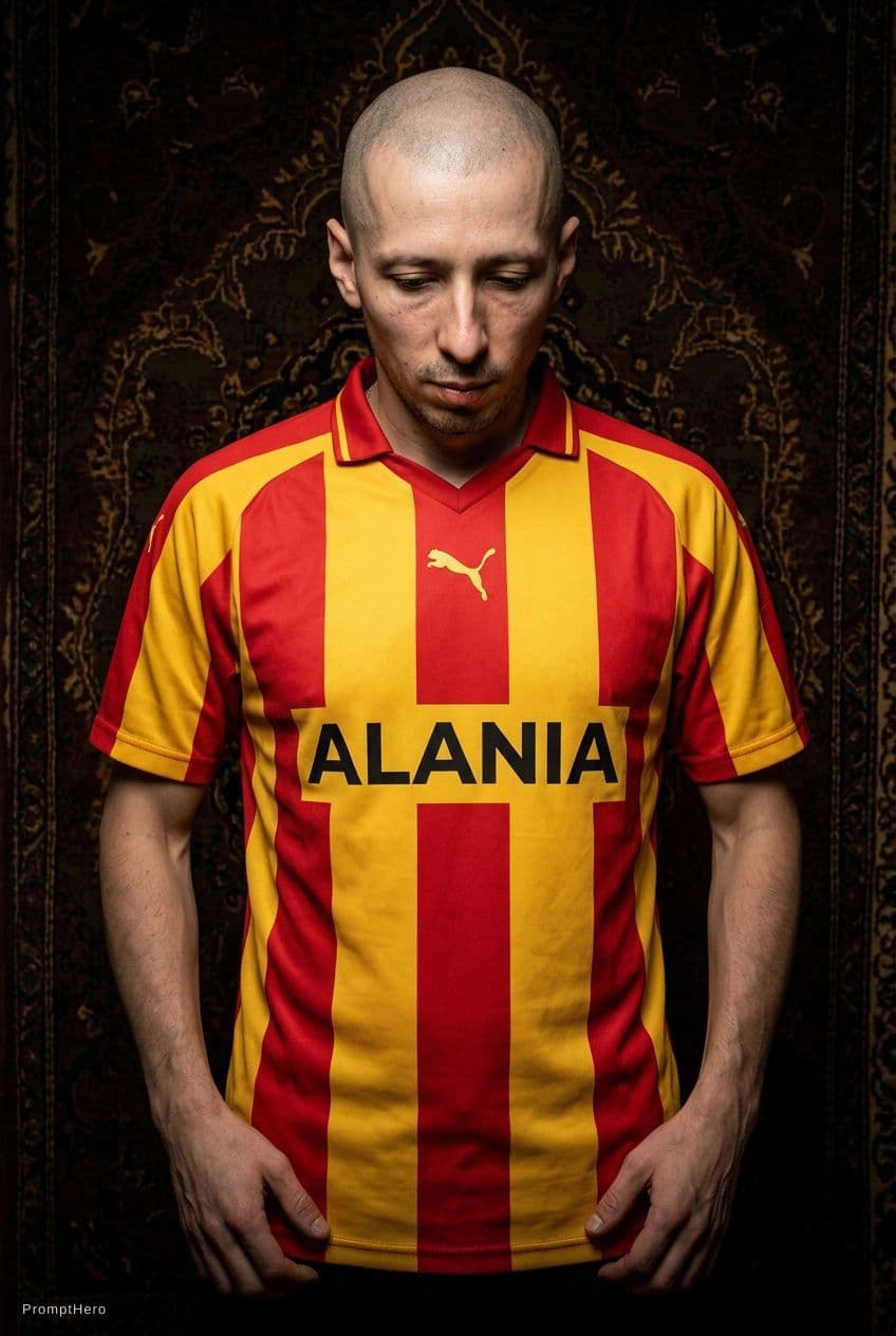AI generated: {
  "prompt": "A man wearing a red and yellow striped soccer jersey with a Puma logo and \"ALANIA\" ...
