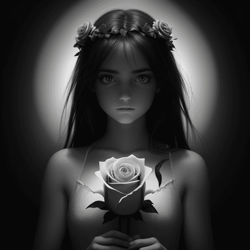 AI generated: a lonely girl holding a rose with torns,animated,high resolution,black and white backlight,volumetri...