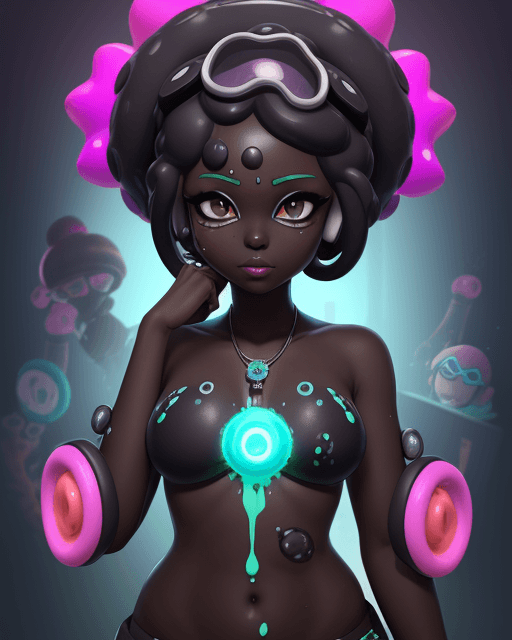 AI generated: Splatoon, dark skin, goddess, mind control, future tech, large chest