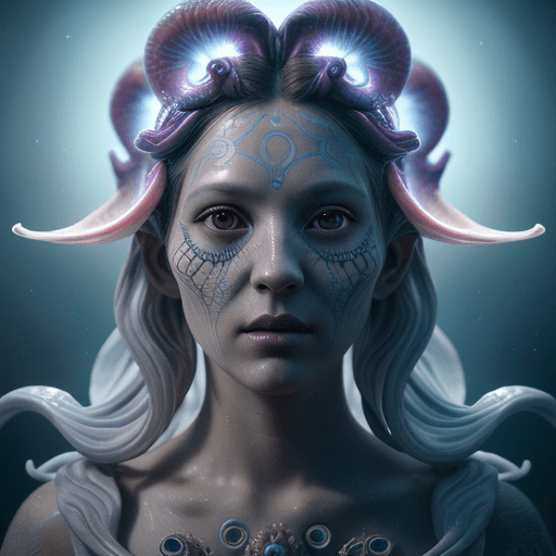 AI generated: Goddess close-up portrait ribcagel. jellyfish phoenix head, nautilus, orchid, skull, betta fish, bio...