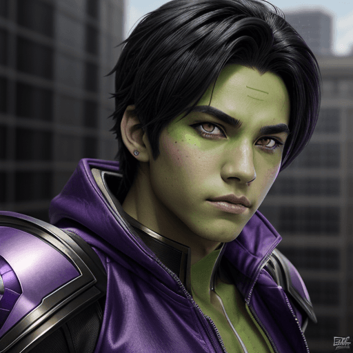 AI generated: Teen Titans Beast Boy character, male, anime eyes, green skin, black and purple outfit, artgerm, ful...