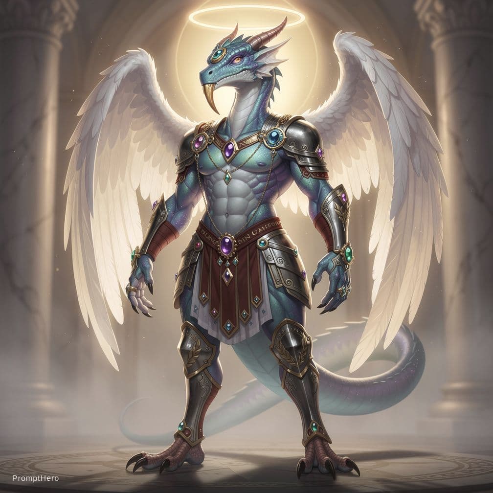 AI generated: A majestic and powerful humanoid mythical creature with a dragon head, featuring smooth, elegant sca...