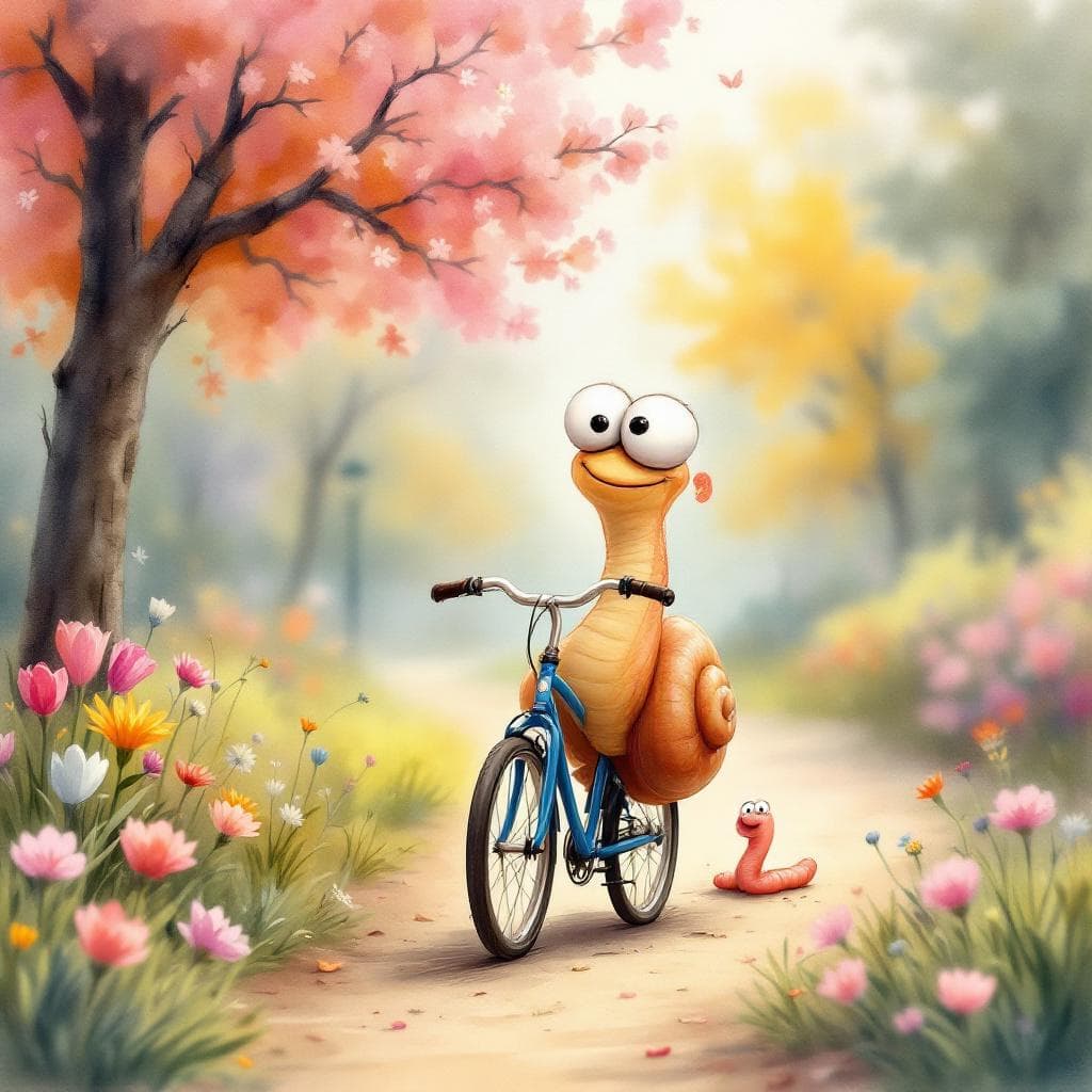 AI generated: Watercolor, wet on wet. Enchanting. Whimsical. Comical. Caricature of a happy snail with big eyes an...