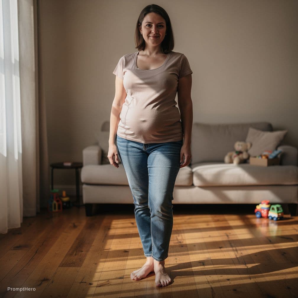 AI generated: 38yo mom with saggy breasts and large areola, wearing blue jeans
