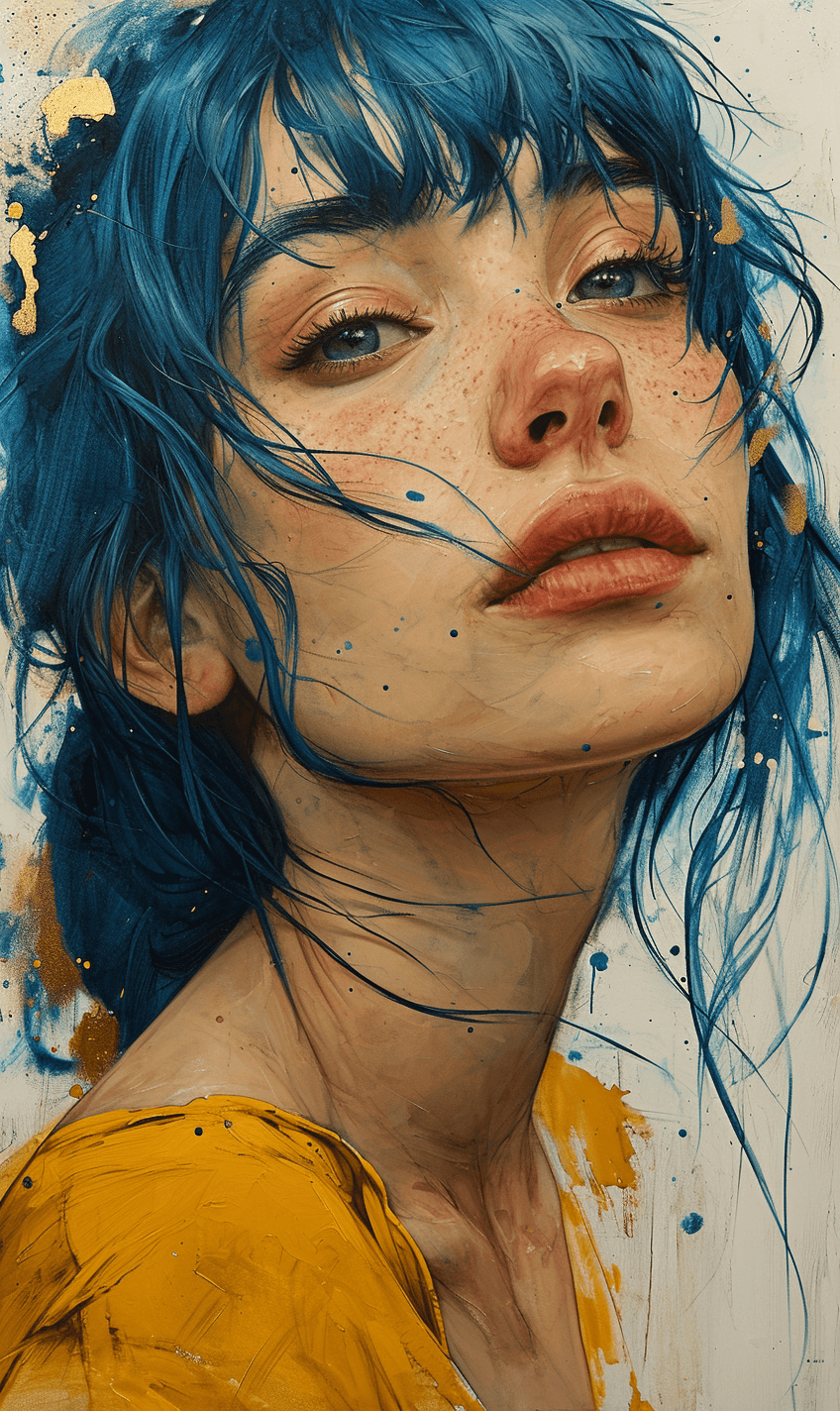 AI generated: a drawing of a woman with blue hair, in the style of dark yellow and light gold, ethereal illustrati...