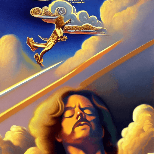 AI generated: mdjrny-v4 style, oil painting of silver Led zeppelin with gold filagree floating above the clouds, a...