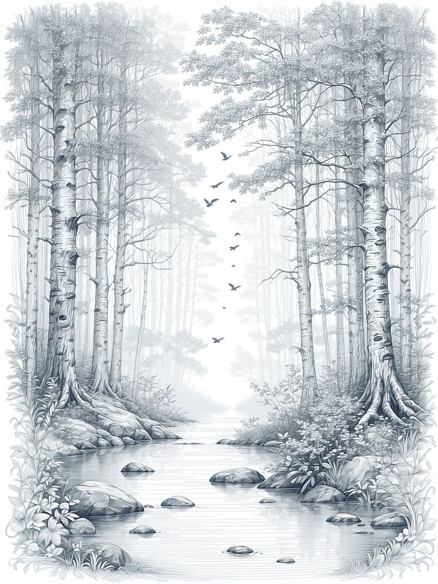 AI generated: "Black and white line drawing {Highly detailed line art of a tranquil forest with tall trees, delica...