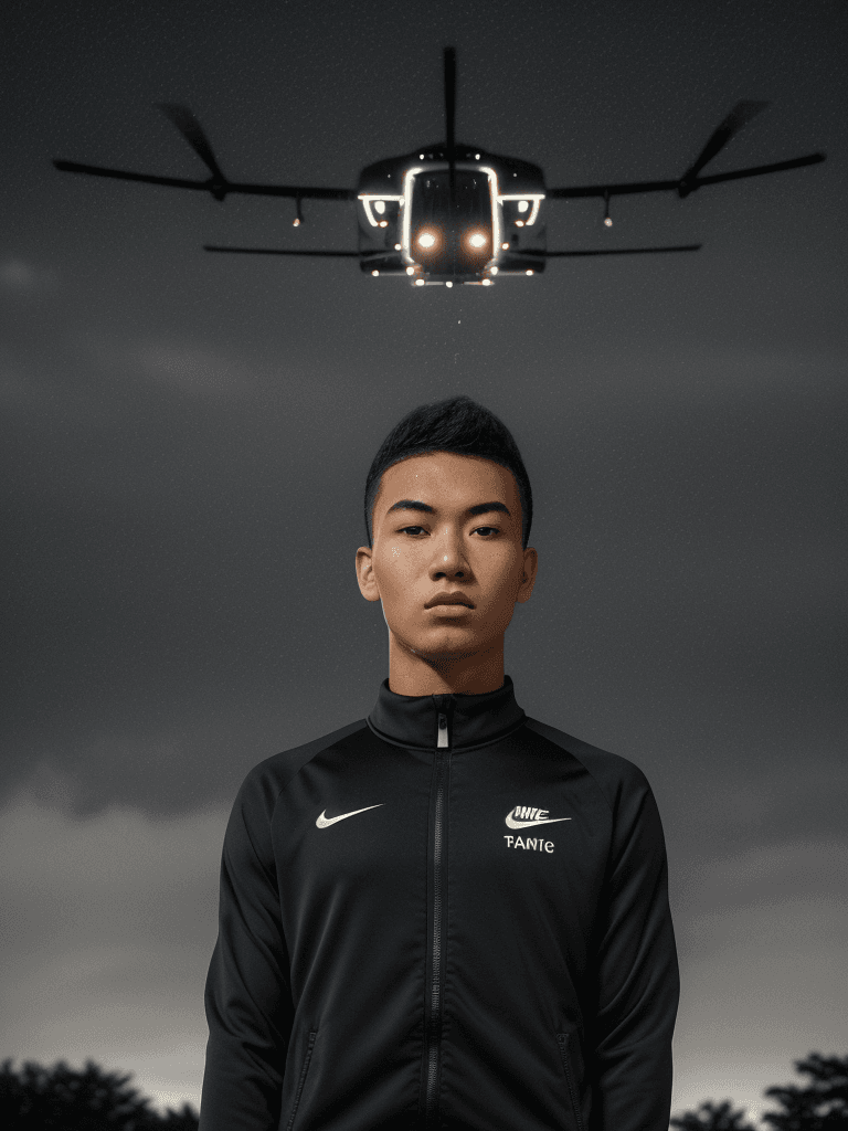AI generated: young man moai head using nike tracksuit, accurate symmetry of the sky, night time, rainy day, polic...