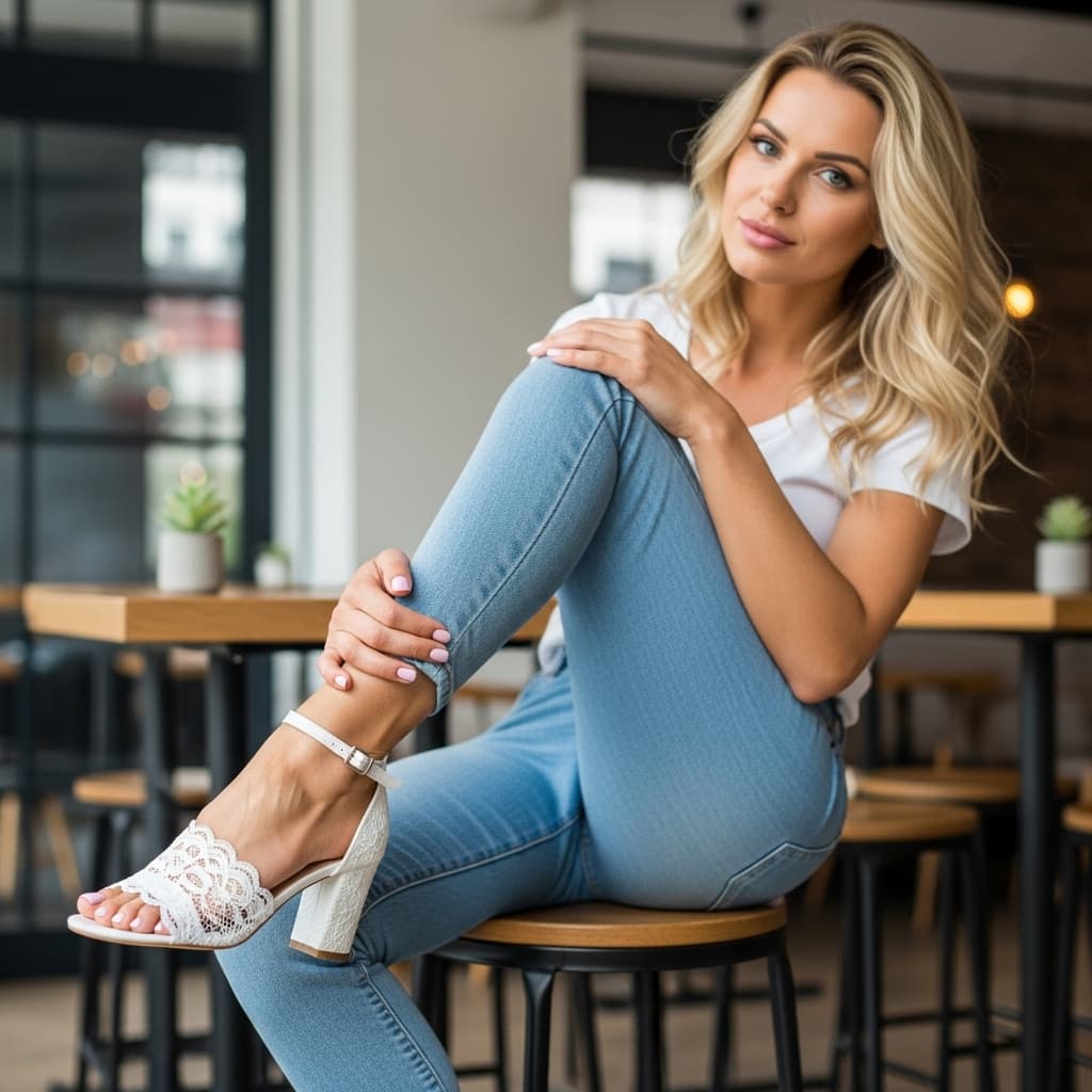 AI generated: blonde girl in lace sandals about 30yo that shows her feet in front of camera