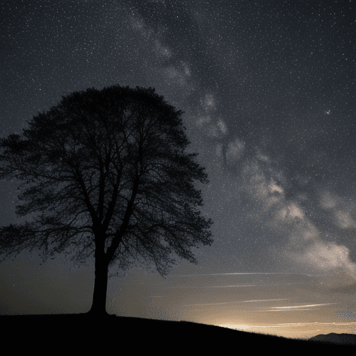 AI generated: A dark night with faint stars showing between many clouds, a full moon illuminating a single tree on...