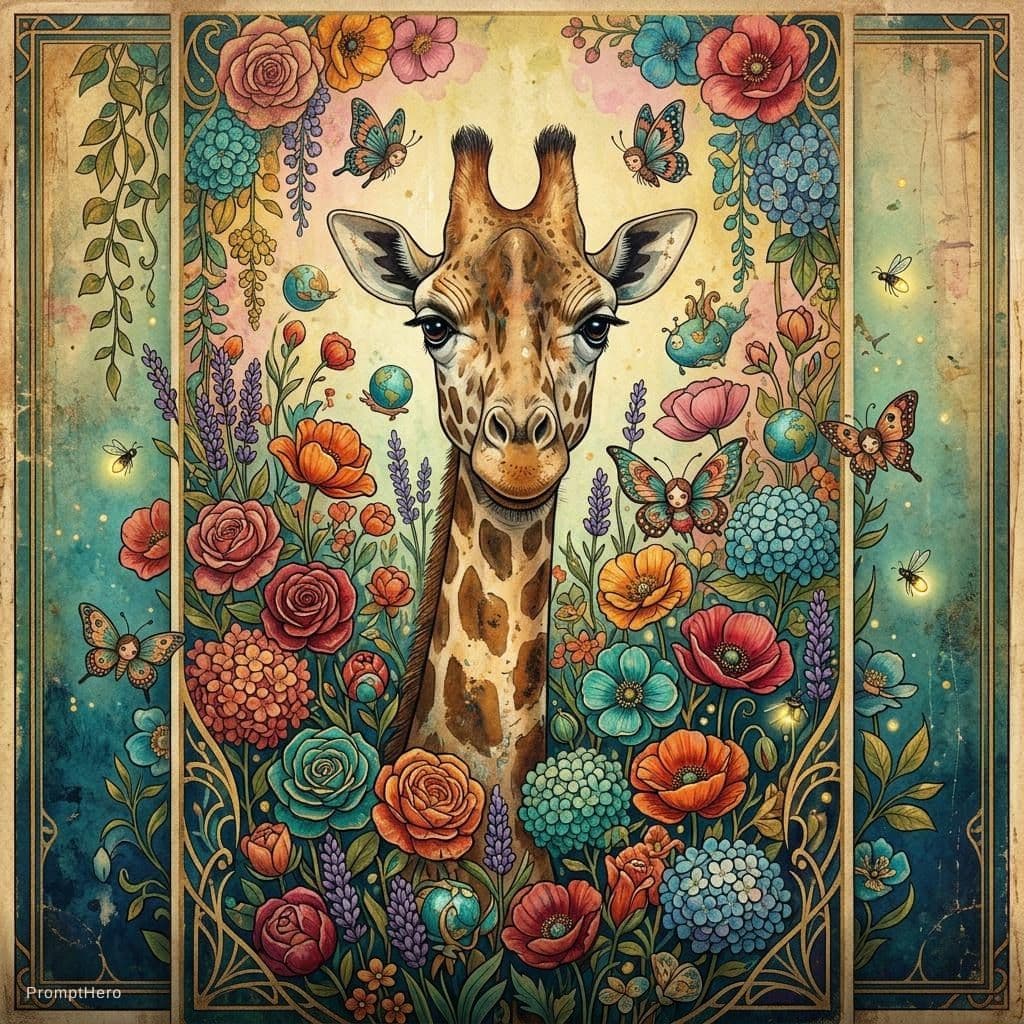 AI generated: giraffe in flowers by artist arne thun, in the style of natalia rak, 8k resolution, vintage aestheti...