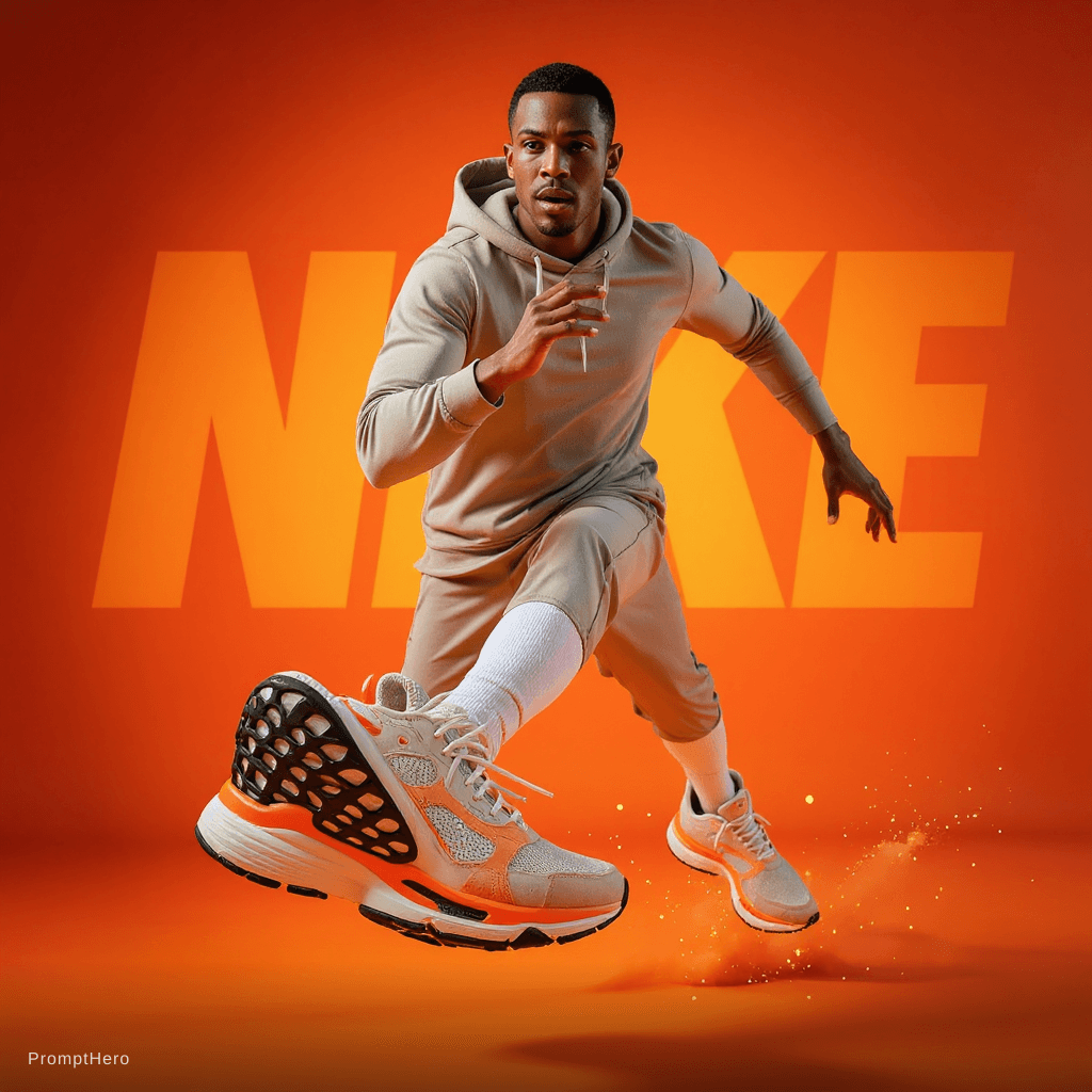 AI generated: A dynamic sportswear advertisement featuring a young athletic male model captured mid-air in an expl...