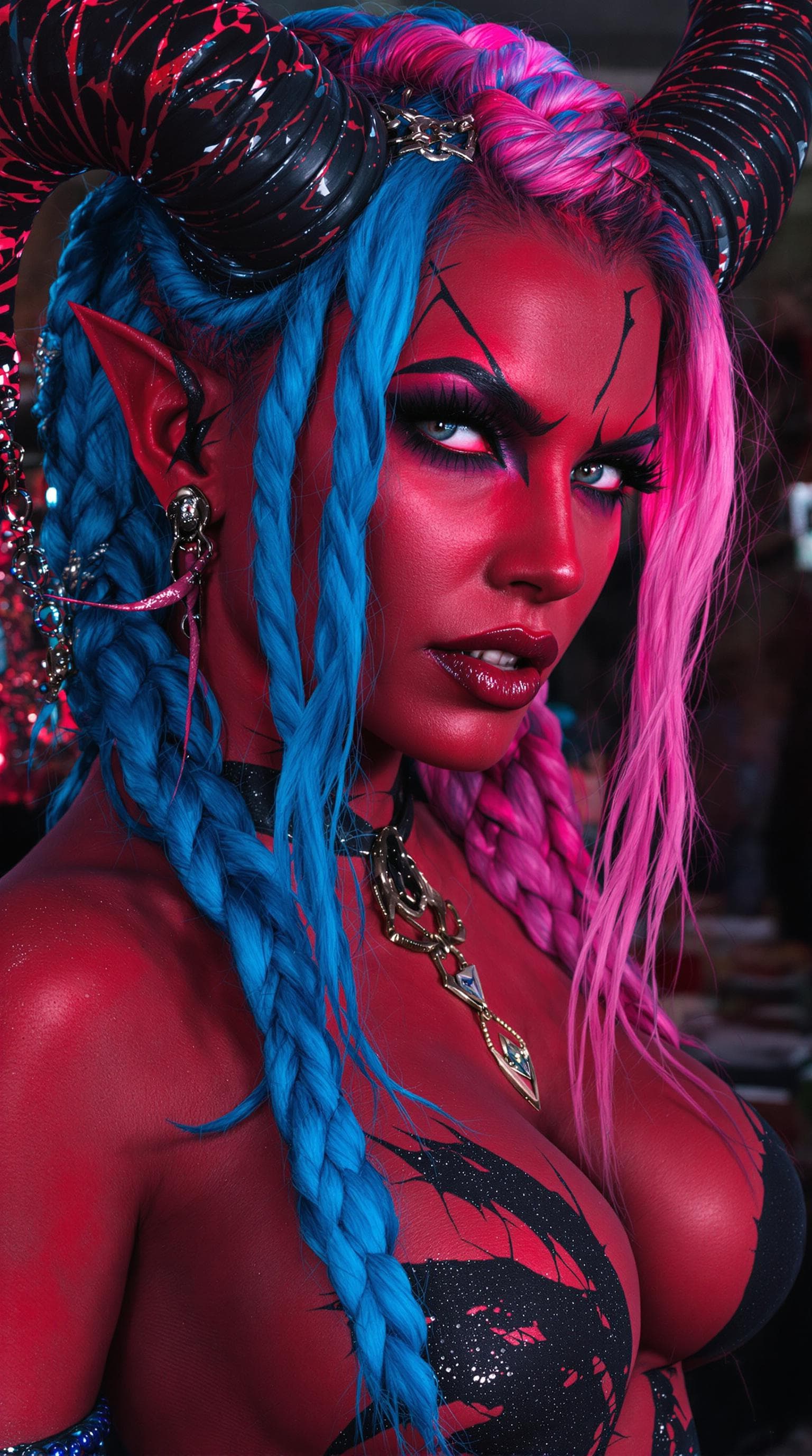 AI generated: demoness, succubus, sexx demon, a portrait of an evil demon woman with blue and pink braided hair, s...