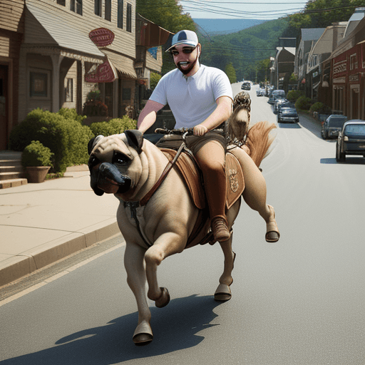 AI generated: Photo of a ultra realistic Mac Miller riding a horse sized Pug through the streets of Mount Carmel, ...
