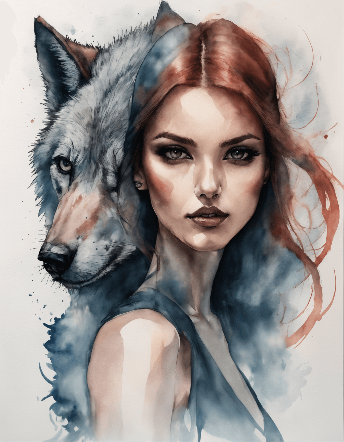 AI generated:  A red haired elegant woman with a gray back tattoo. Beautiful and feminine face, with a pierced nos...