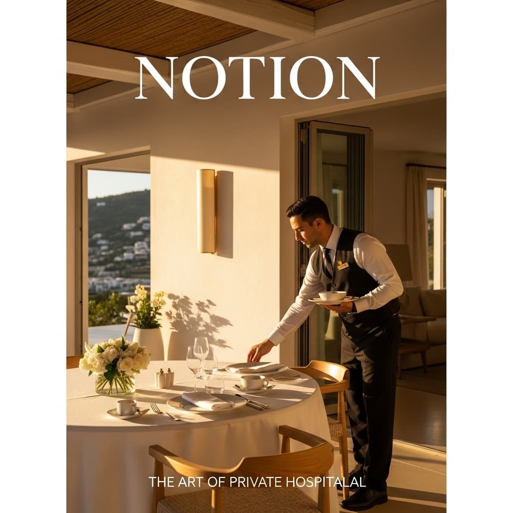 AI generated: “Vertical 3:4 cover image for Notion — refined luxury villa scene at sunrise, a butler elegantly set...