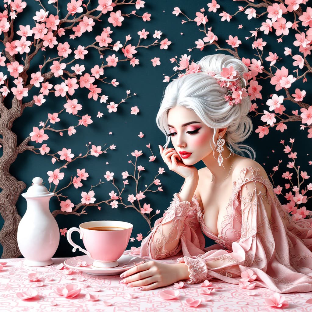 AI generated: a pink cup of tea on the table, next to it is an elegant woman with white hair and exquisite facial ...