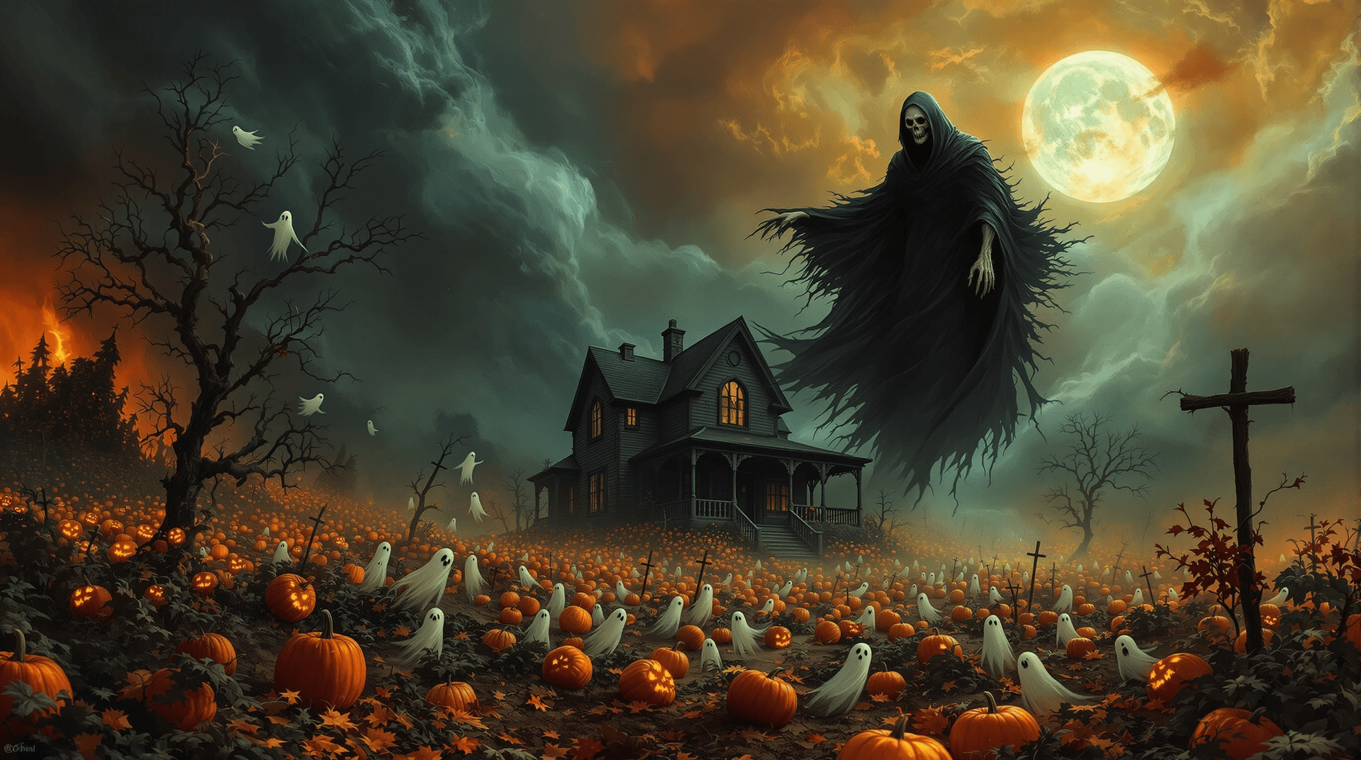 AI generated: The Grim Reaper high in the sky looking down over haunted house with ghosts floating around pumpkin ...