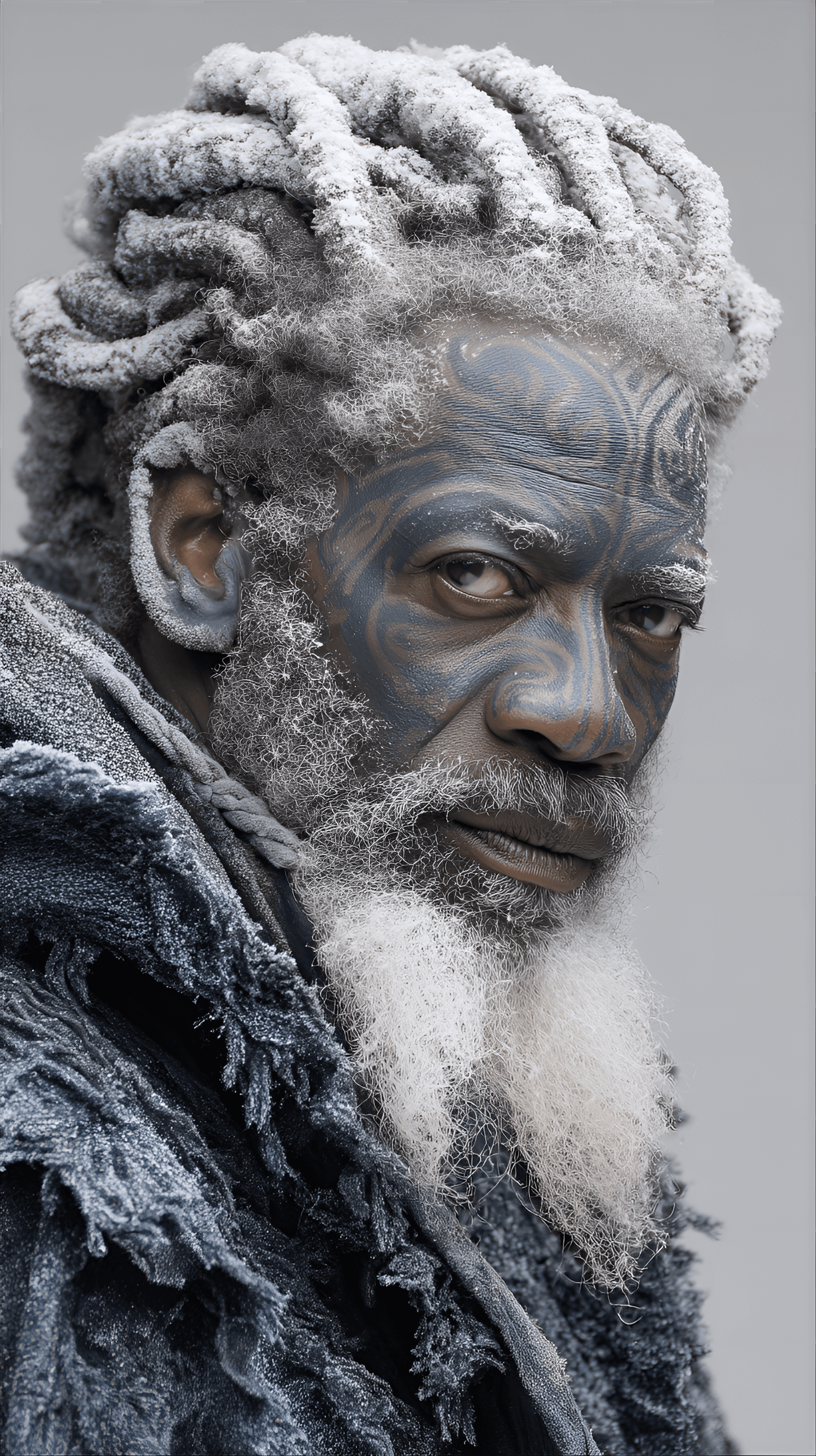 AI generated: Mature Black man, 50s-60s, with intricately patterned dark gray/black markings on his face, suggesti...