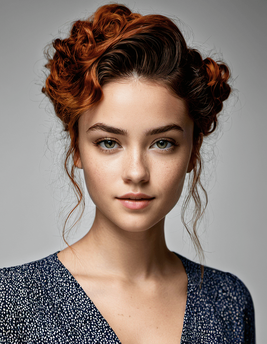 AI generated: A waist-up portrait of a young beautiful girl, (freckles:0.96) skin, blunt cut hair style, "slim wit...