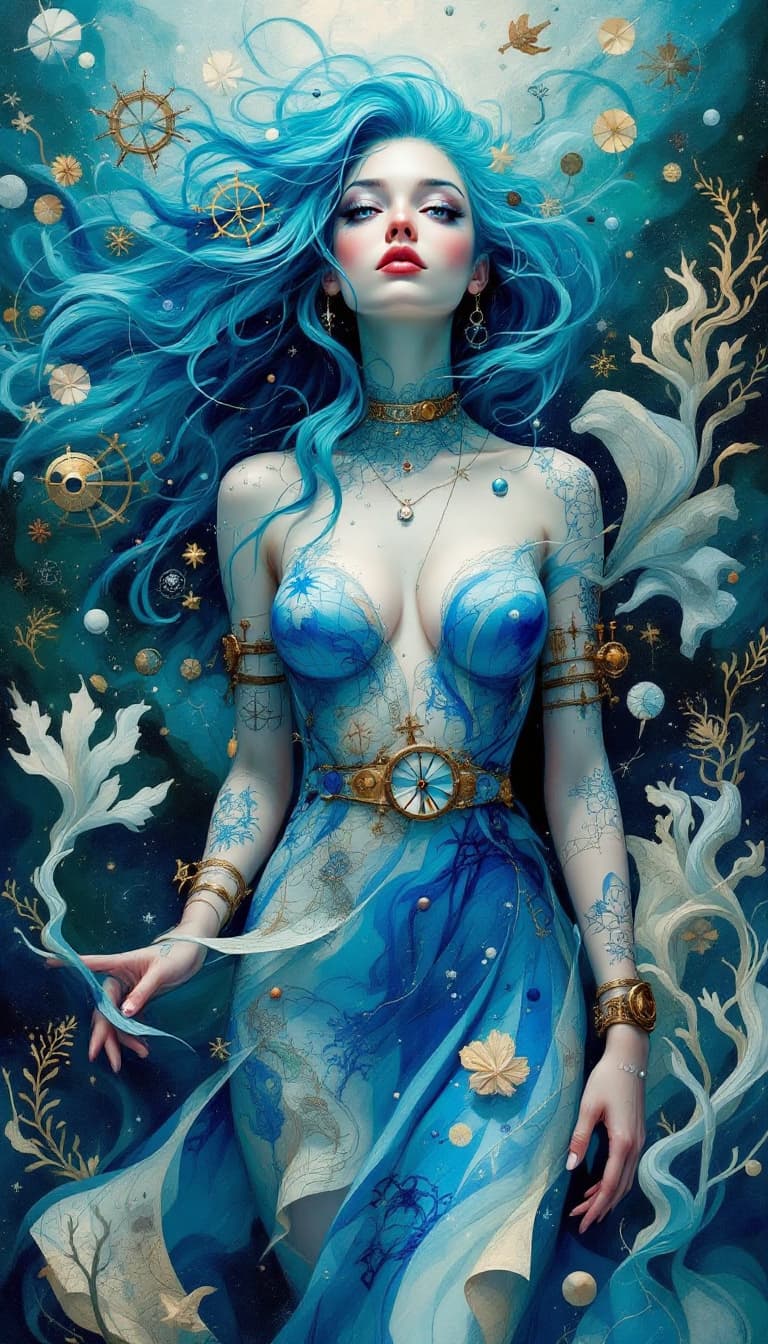 AI generated: "Azure Navigator in a Submerged World": A compelling abstract painting captures a navigator, embodyi...