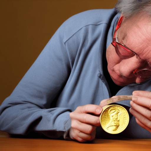 AI generated: old researcher, looking at gold greek coin, red background