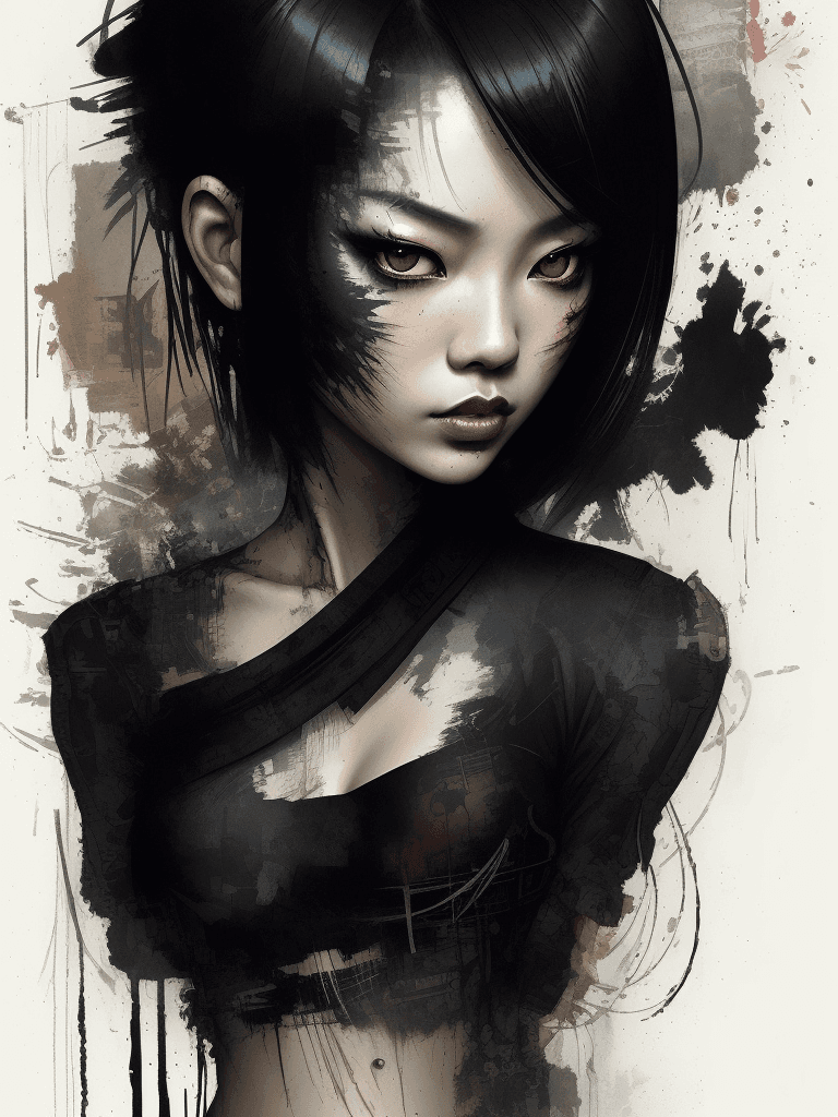 AI generated: aesthetic, painterly style, modern ink, Asian girl, sensual, sultry, dark blouse, expressive pose, u...