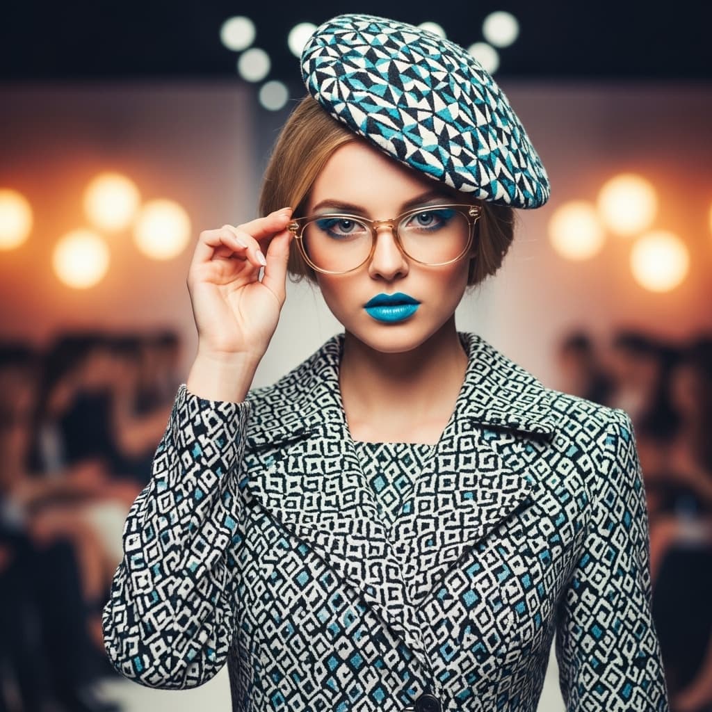 AI generated: Glamor shot | pretty fashionista | blue eyes shadow | geometric pattern hat | purple yellow silver |...