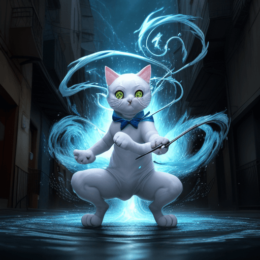 AI generated: an anthropomorphic cat wearing white linen is depicted in an action pose, swirling water with an arr...