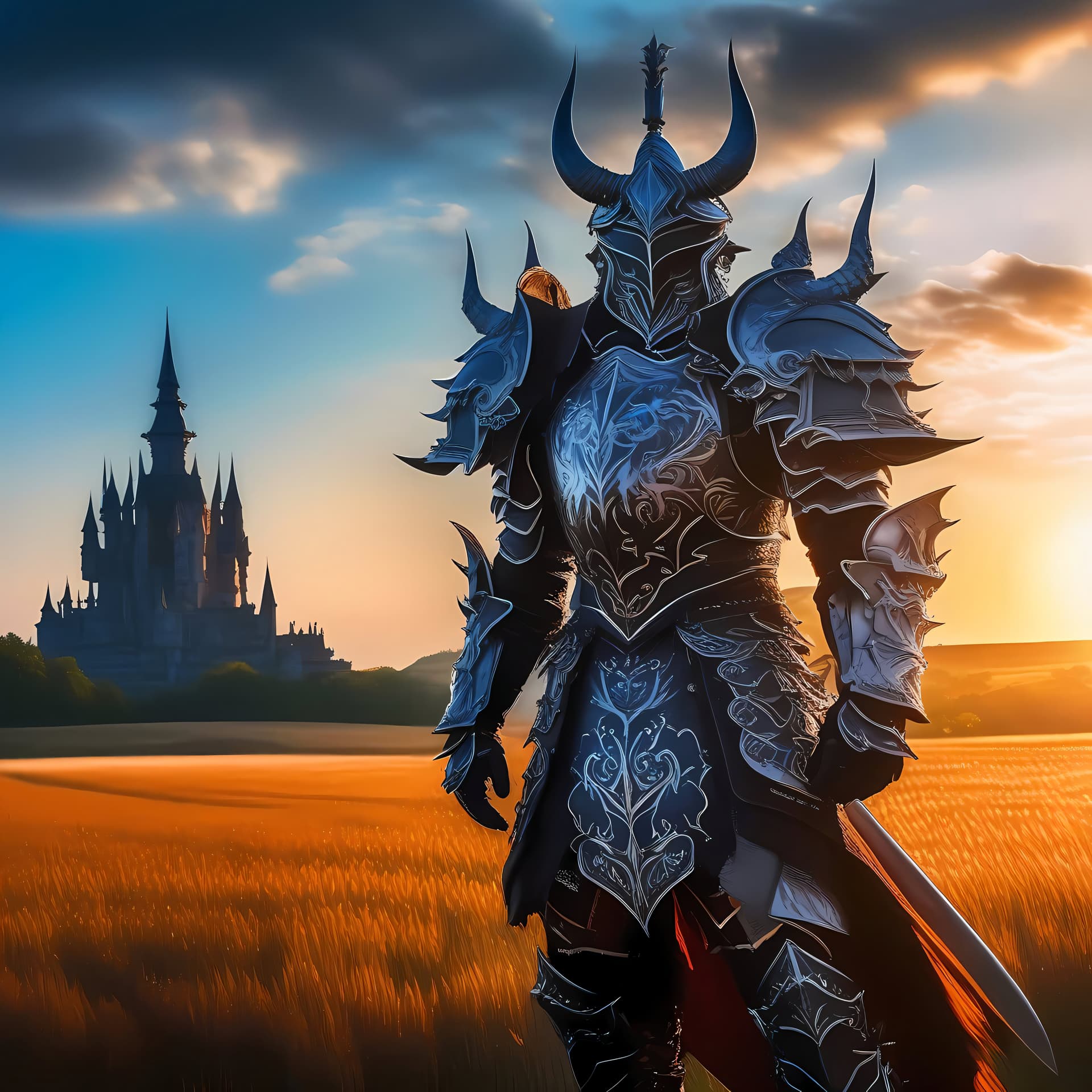 AI generated: standing in a field , at sun rise, awesome warrior from Final Fantasy, diabolical armor , photo shoo...