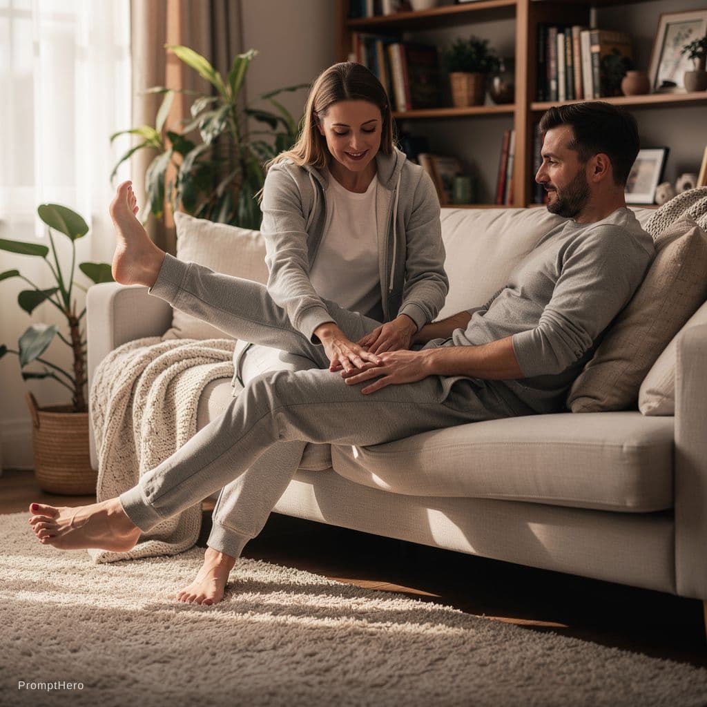 AI generated: Woman feet massaging fat man belly
