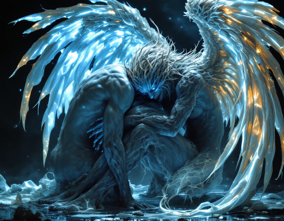 AI generated: black light poster of a intricate portrait of An amazing mythical female angel creature, barefoot, f...