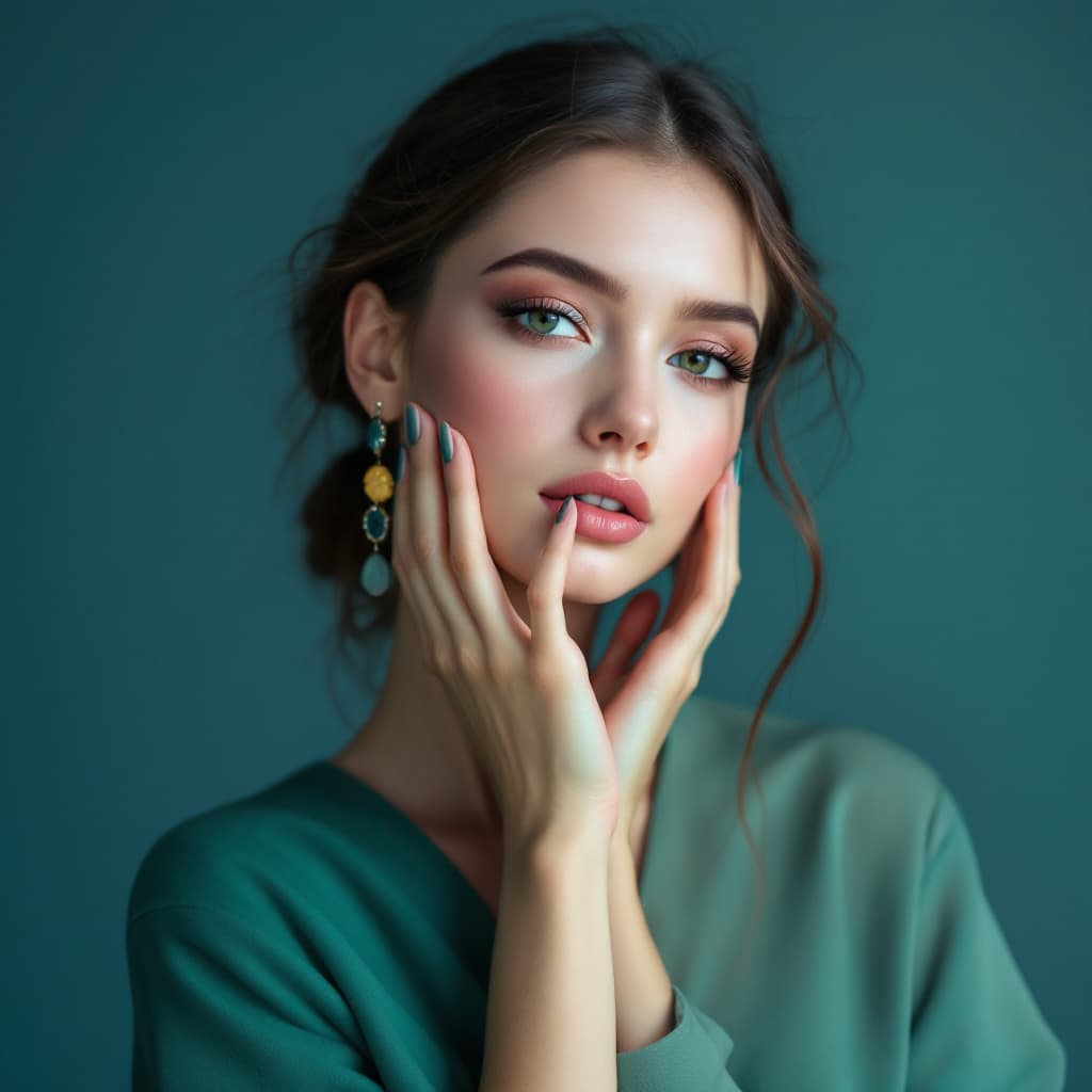 AI generated: full-length photo model girl. Clothes, stylish makeup, manicure, pedicure accessories. Color scheme ...