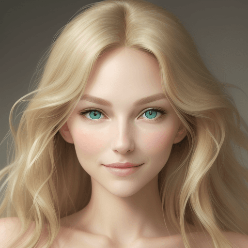 AI generated: Create a portrait of a woman with a heart-shaped face, light wavy blonde hair, and striking green ey...