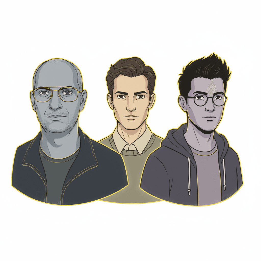 AI generated: illustration, men, three, yellow, outlines --ar 9:16