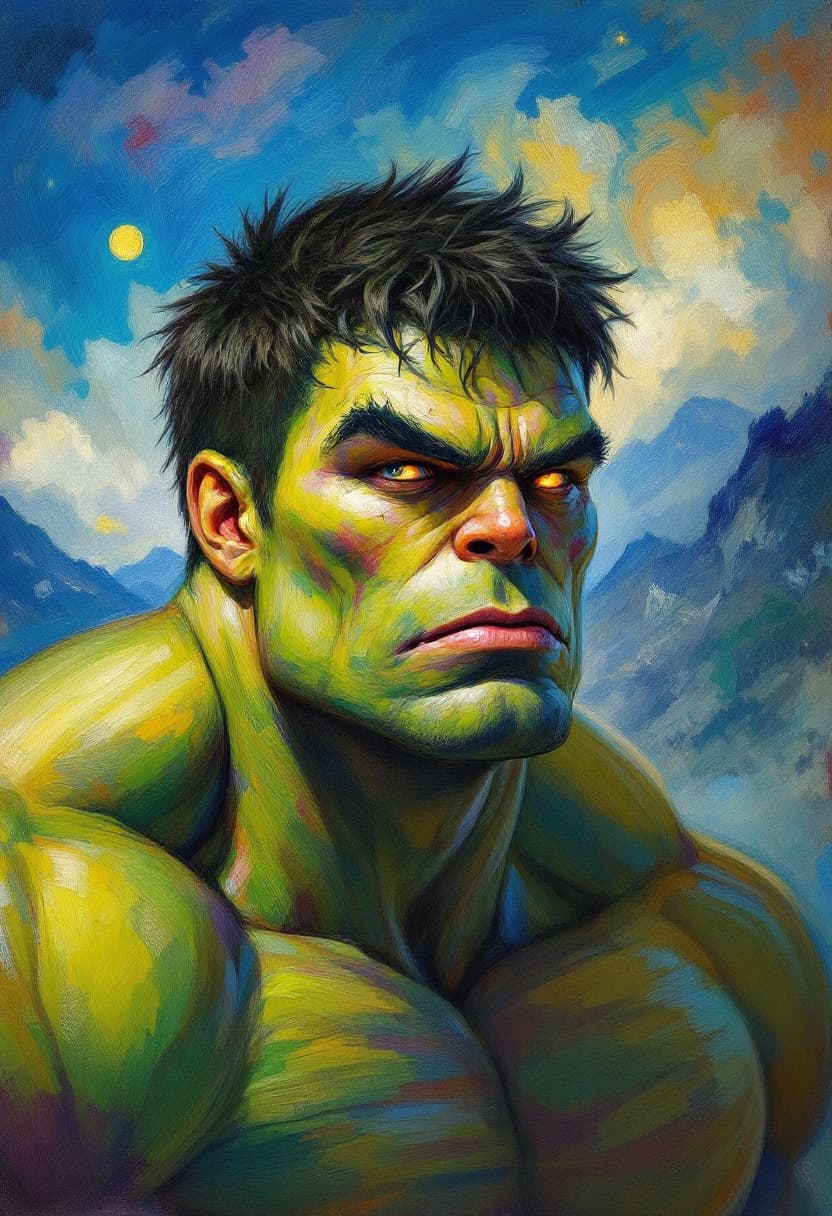 AI generated: Portrait tilted at 45 degrees, dynamic pose,  Hulk, Art Nouveau, Neo-Impressionism, charcoal illustr...