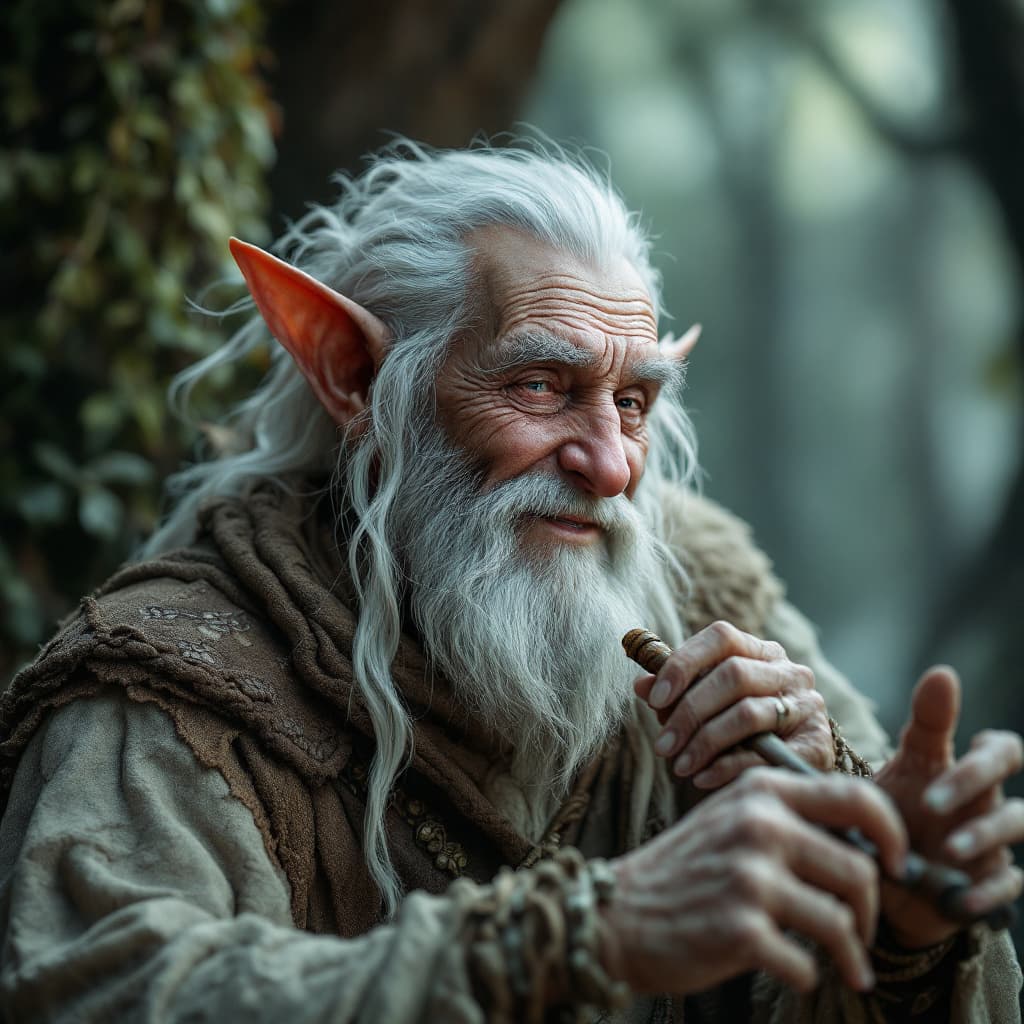 AI generated: happy elderly forest elf, white hair and beard, musical bard playing panpipes, ultra realistic, conc...