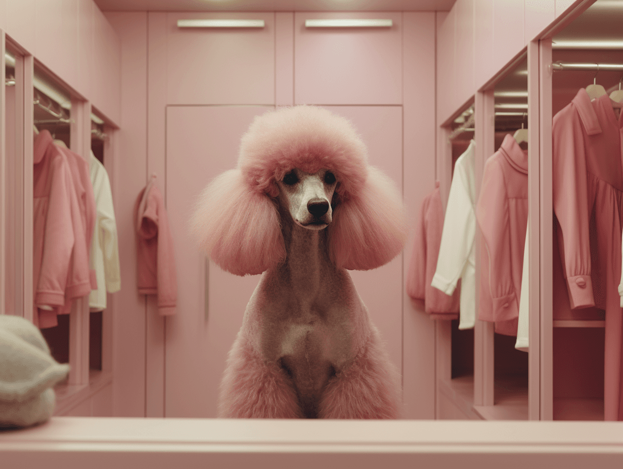 AI generated: Kodak disposable photography of giant poodle, dress room, dreamy mood, 8k, photo realism, modern, mi...