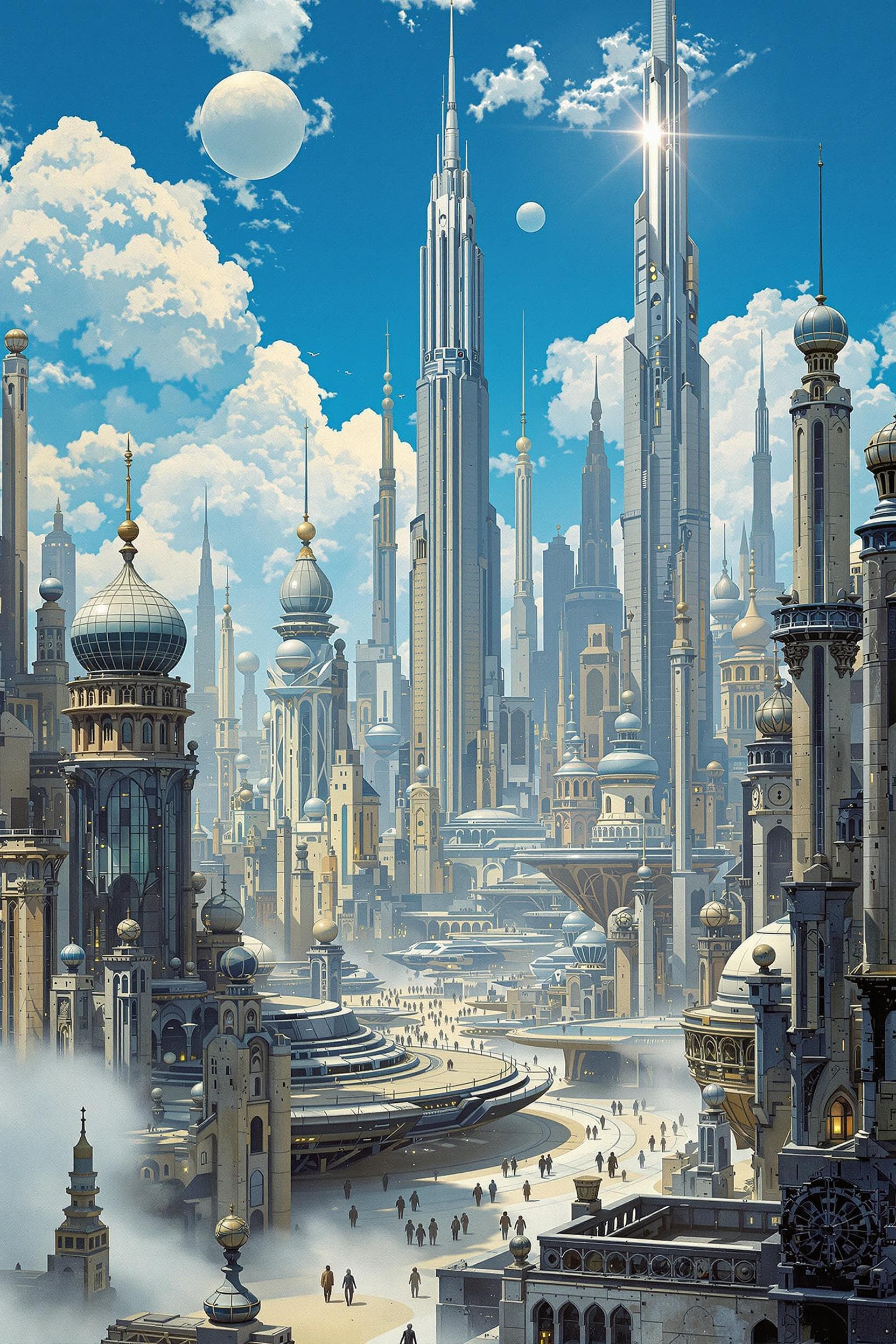 AI generated: 'une ville futuriste avec de grands immeubles et des vaisseaux spatiaux dans le style de Zdzisław Be...