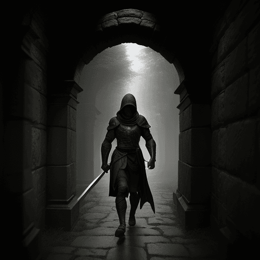 AI generated: The photo shows a figure in dark armor and hood holding a sword and walking through an ancient stone...