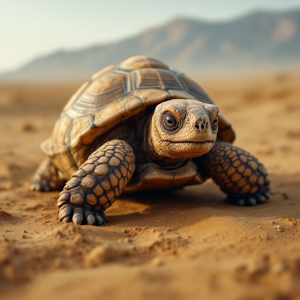 AI generated: An old sad tortoise walking slowly in a desert of high-resolution image in a portrait background